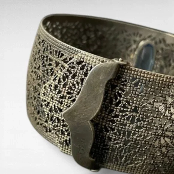 Antique Art Deco Wide Filigree Blue Glass Center Stone Buckle Bracelet - Picture 2 of 13